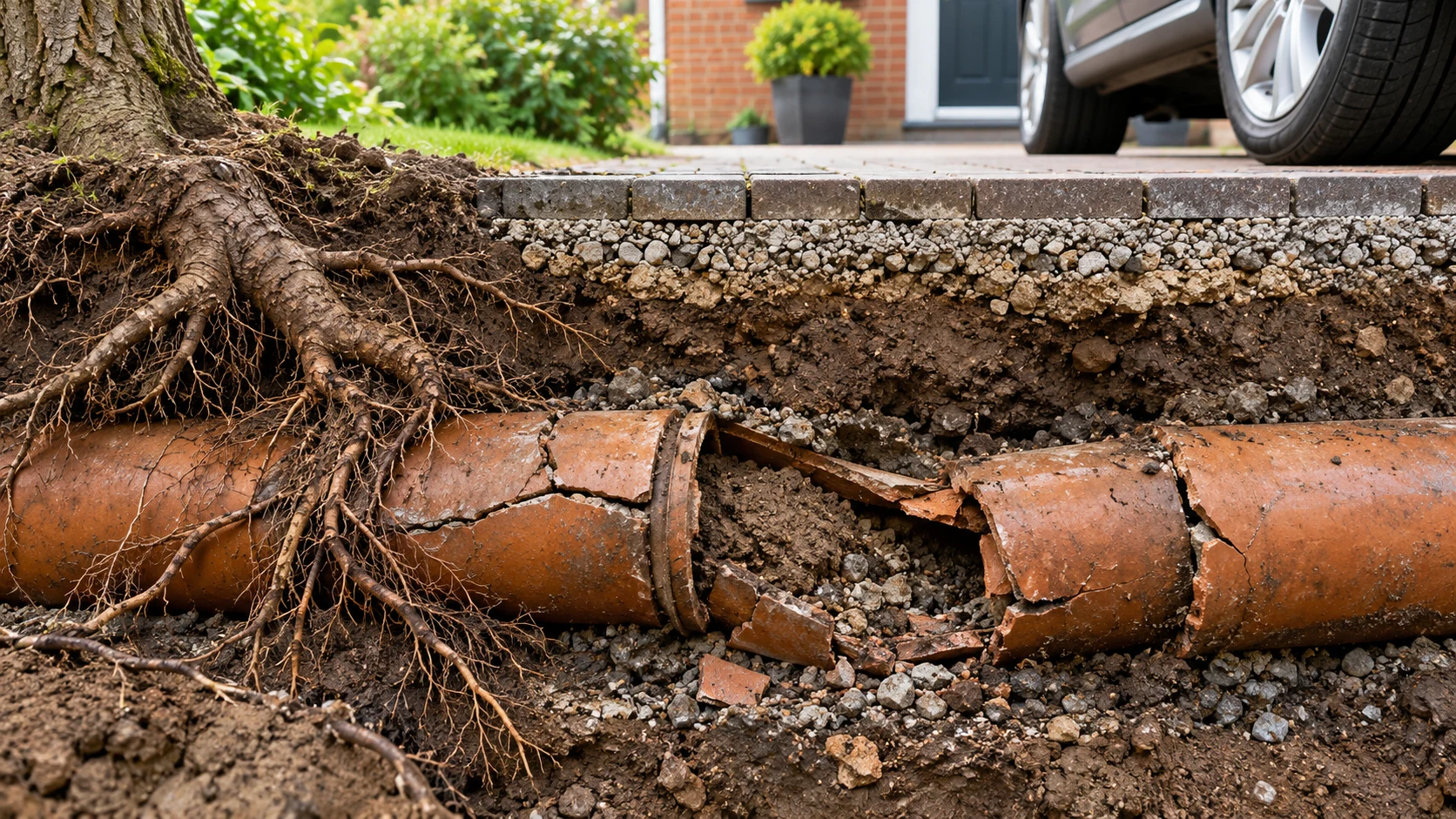 Tree roots and ground pressure breaking an old clay drain beneath a driveway