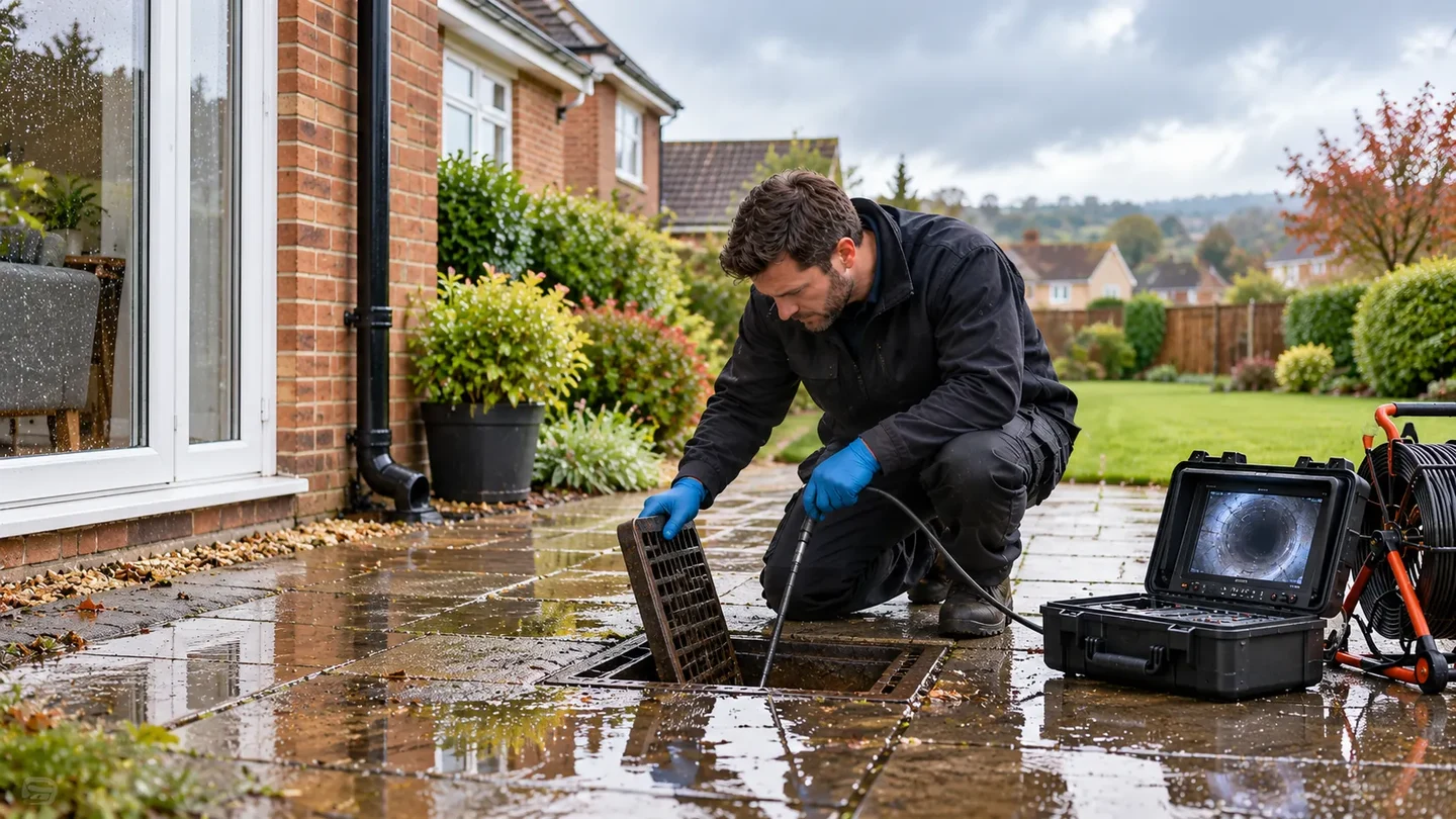 Wet paving and open inspection chamber during investigation of drainage problems