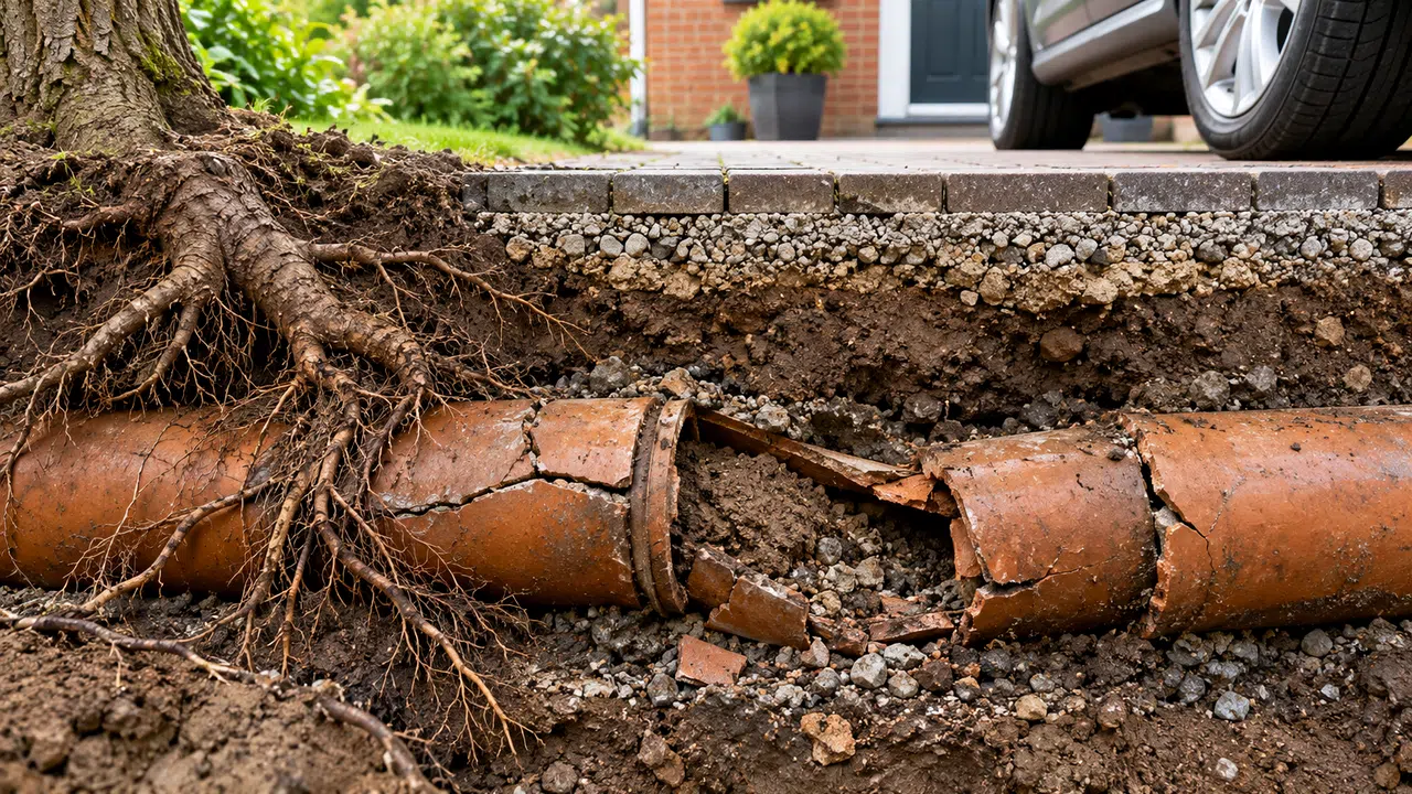 Damaged underground drainage near domestic building masonry