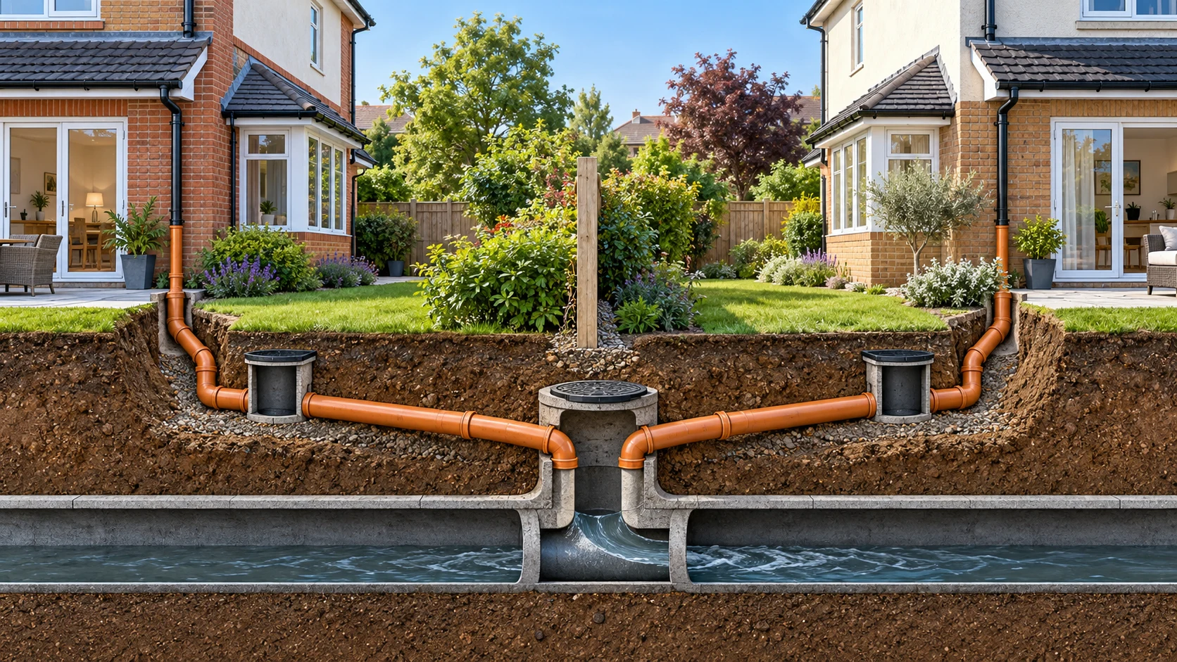 Illustrative cutaway of neighbouring properties and their drain connections to a larger sewer