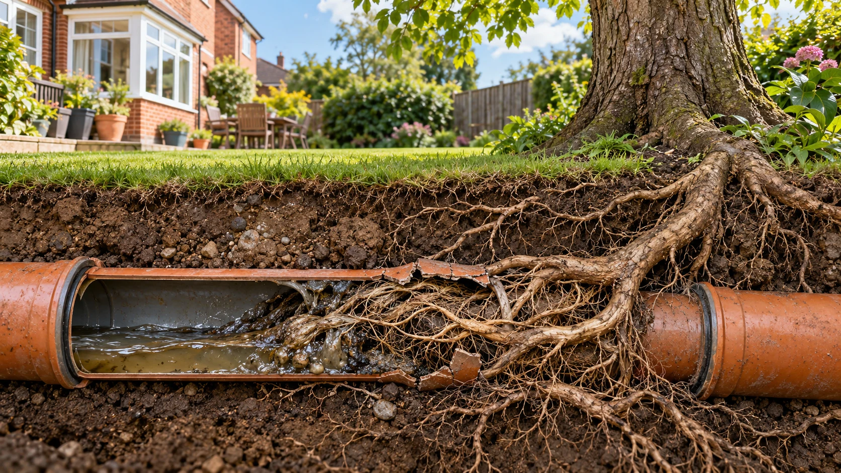 Roots and debris blocking a garden drain beneath a mature tree